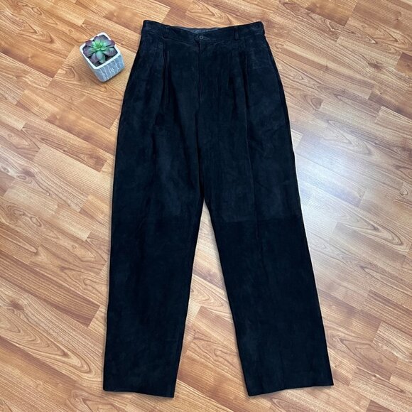Vintage Eaton 1 Genuine Suede Pants Pleated Front Sz 10 14 Black - Picture 2 of 10